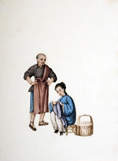 Drawing of Chinese seamstress sewing, bound feet Drawing of Chinese seamstress sewing, bound feet