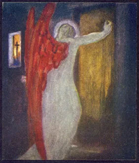 <b class=qtipBold><figcaption>Dream of Gerontius</figcaption></b><br>A Visitant is knocking his dire summons at my door'. (Frontispiece) ~First published: 1866~Illustration by Robert T Rose to John Henry Newman's 'Dream of Gerontius', c.1914 edition.~dream, of, gerontius, books, newman, the, dream, of, gerontius, first, published, 1866, a, visitant, is, knocking, his, dire, summons, at, my, door', frontispiece, angel, red, wings, , history, historical<br><em>© Mary Evans Picture Library</em> Dream of Gerontius