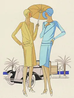 <b class=qtipBold><figcaption>Two Dressed by Chantal</figcaption></b><br>Two women wear creations by Chantal of Paris - one a woollen serge tailor-made for morning wear, her companion a day frock in two shades of crepe de Rome.<br><em>© Mary Evans Picture Library</em> Two Dressed by Chantal