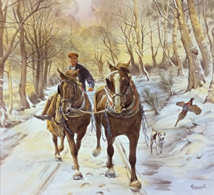 Driving two horses down a snowy lane Driving two horses down a snowy lane