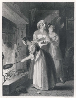 <b class=qtipBold><figcaption>Dumb Cake Custom</figcaption></b><br>BAKING THE DUMB-CAKE At Hallowe'en, St John's Eve or other feasts, young women bake a cake in expectation of seeing their beloved : it must be done in total silence.<br><em>© Mary Evans Picture Library</em> Dumb Cake Custom