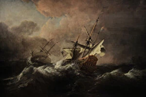 Landscapes (modern interpretation) Collection: Dutch men-of-war in a storm off a rocky coast, 1672, by Wille