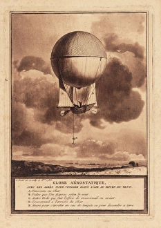 <b class=qtipBold><figcaption>Early balloon design</figcaption></b><br>Early balloon design, described as an aerostatic globe, with equipment to travel in the air by wind. A) The Vessel. B) Sails that are used according to the wind. C) Another sail that can be used as a forward rudder. D) Rudder at the back. E) An anchor to stop the balloon in case of storm or when the passengers wish to disembark. 4 December 1783<br><em>© The Royal Aeronautical Society (National Aerospace Library)/Mary Evans</em> Early balloon design