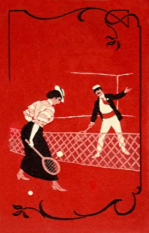 Early version of man and woman tennis Date: 1900 Early version of man and woman tennis Date: 1900
