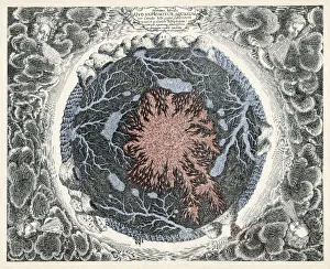 <b class=qtipBold><figcaption>Earth's Interior</figcaption></b><br>A cross-section of the planet, showing the central fire and the huge internal lakes which drain from the oceans<br><em>© Mary Evans Picture Library</em> Earth's Interior
