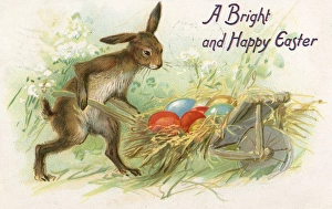 The Easter Bunny brings eggs home in a wheelbarrow The Easter Bunny brings eggs home in a wheelbarrow