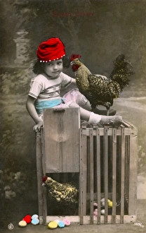Easter Greetings Postcard featuring child and chickens Easter Greetings Postcard featuring child and chickens