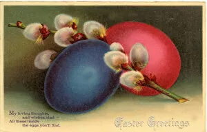 Verse Gallery: Easter postcard with eggs and catkins