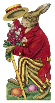 <b class=qtipBold><figcaption>Easter Rabbit Clothed</figcaption></b><br>An Easter rabbit wearing a red coat and stripy trousers brings someone a bouquet of flowers.<br><em>© Mary Evans Picture Library 2015 - https://copyrighthub.org/s0/hub1/creation/maryevans/MaryEvansPictureID/10142272</em> Easter Rabbit Clothed