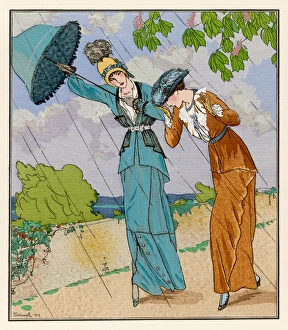 <b class=qtipBold><figcaption>Elegant Ladies in Shower</figcaption></b><br>Costumes by Doeuillet: narrow line skirts with wrap-over front or button detail & tunic style belted jackets. Hats: cocked brim & flat crown or tall cloche style with plume.<br><em>© Mary Evans Picture Library</em> Elegant Ladies in Shower