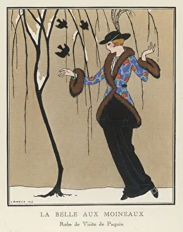 <b class=qtipBold><figcaption>Elegant Lady in Snow</figcaption></b><br>Design by Paquin: black hobble skirt, fur-trimmed jacket in a bright floral print cut-away at the front & creating a tunic effect, cocked brim hat with aigrette & buckle shoes.<br><em>© Mary Evans Picture Library</em> Elegant Lady in Snow