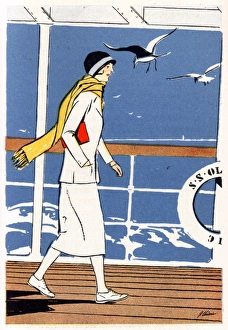 Elegant lady traveller strolling along the deck of a liner Elegant lady traveller strolling along the deck of a liner