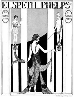 <b class=qtipBold><figcaption>Elspeth Phelps advertisement, 1920</figcaption></b><br>Advertisement for Elspeth Phelps fashion house, one of a series of highly stylised and witty adverts designed by Lady Eileen Orde (daughter of the 4th Duke of Wellington), all featuring upper class characters in various situations wearing a Phelps design. Date: 1920<br><em>© Illustrated London News Ltd/Mary Evans</em> Elspeth Phelps advertisement, 1920