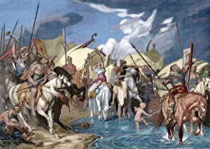 Emigration of the Germans. Engraving. Colored Emigration of the Germans. Engraving. Colored