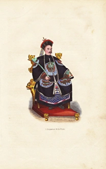 Emperor of China in embroidered robes seated on his throne Emperor of China in embroidered robes seated on his throne