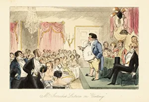 English grocer giving a lecture on hunting in a large English grocer giving a lecture on hunting in a large