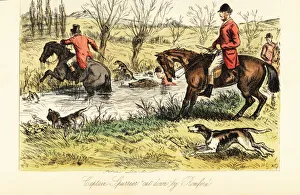 English huntsman fording a river with fox hounds English huntsman fording a river with fox hounds