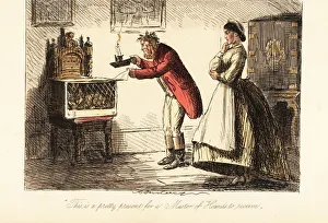 English huntsman in hunting pinks and boots examining English huntsman in hunting pinks and boots examining