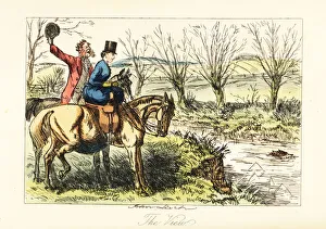English huntsman and lady watching a fox swim across English huntsman and lady watching a fox swim across