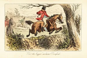 English huntsman making a dangerous jump over a stone English huntsman making a dangerous jump over a stone