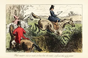 English huntswoman jumping sidesaddle over a fence English huntswoman jumping sidesaddle over a fence