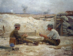 Two English soldiers playing cards outside their dugout Two English soldiers playing cards outside their dugout
