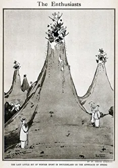 <b class=qtipBold><figcaption>The Enthusiasts</figcaption></b><br>Cartoon, The Enthusiasts. The last bit of Winter sport in Switzerland on the approach of spring. Skiers skiing at the top of mountains where snow hasn't melted. Please note: Credit must appear as Courtesy of the Estate of Mrs J.C.Robinson/Pollinger Ltd/ILN/Mary Evan"<br><em>© Mary Evans Picture Library 2015 - https://copyrighthub.org/s0/hub1/creation/maryevans/MaryEvansPictureID/10236203</em> The Enthusiasts