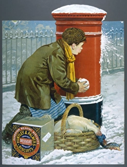 <b class=qtipBold><figcaption>Errand Boy & Snowballs</figcaption></b><br>On his way to deliver a goose and a box of Huntley & Palmer's Dessert biscuits, a delivery boy stops to have a snowball fight<br><em>© Mary Evans Picture Library</em> Errand Boy & Snowballs