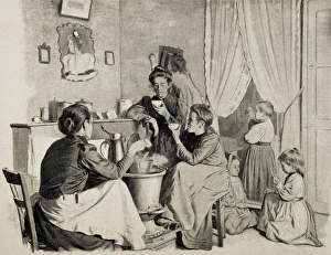 EUROPE. Miners women taking a coffe. Engraving EUROPE. Miners women taking a coffe. Engraving