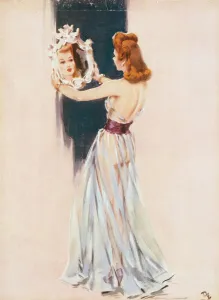 <b class=qtipBold><figcaption>Evening Dress by David Wright</figcaption></b><br>Evening Dress by David Wright, showing a model admiring herself in a mirror. Wright produced a series of over 160 illustrations or 'pin-ups' for 'The Sketch' during the 1940's. David Wright's 'Lovelies' proved hugely popular and adorned practically every military mess, bunker, dormitory or club room in the country during World War II.<br><em>© Estate of David Wright/ILN/Mary Evans Picture Library</em> Evening Dress by David Wright