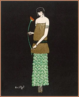 <b class=qtipBold><figcaption>Evening Dress/Poiret</figcaption></b><br>Tunic dress by Paul Poiret: tubular skirt in a green spiral motif print, bronze coloured sleeveless tunic worn with a belt across the hips. Accessories: armlets & pearls.<br><em>© Mary Evans Picture Library</em> Evening Dress/Poiret