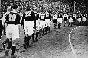 Everton and Manchester City Football Teams walk onto the pit Everton and Manchester City Football Teams walk onto the pit