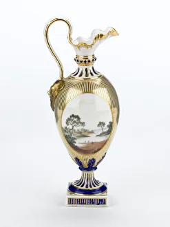 <b class=qtipBold><figcaption>Ewer</figcaption></b><br>Ewer made from porcelain, painted in gold and blue on a white ground with a coloured central reserve depicting a shepherdess holding a bird cage. The ewer is part of a <i>garniture de chemin饦lt;/i> manufactured by Derby Porcelain Works c.1782. Date: c.1782<br><em>© The Geffrye Museum of the Home / Mary Evans Picture Library</em> Ewer