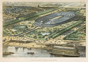 <b class=qtipBold><figcaption>Exhibitions/France/Paris</figcaption></b><br>Bird's-eye view of the site of the exhibition, erected on the Champ de Mars, where the Tour Eiffel was subsequently located ; note the splendid bathing boat on the Seine<br><em>© Mary Evans Picture Library</em> Exhibitions/France/Paris