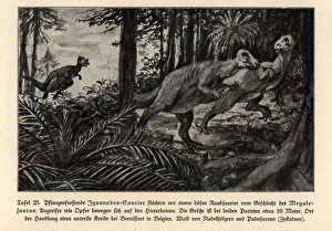 Extinct Iguanodons fleeing a predatory Megalosaurus Extinct Iguanodons fleeing a predatory Megalosaurus