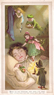 Fairies and sleeping girl on a Christmas card Fairies and sleeping girl on a Christmas card