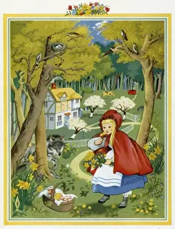 Prints of Red Riding Hood illustrated by Pauline Baynes, one of four fairy tales reflecting the seasons Mammal Prints: Pauline Baynes Print - Springtime Red Riding Hood