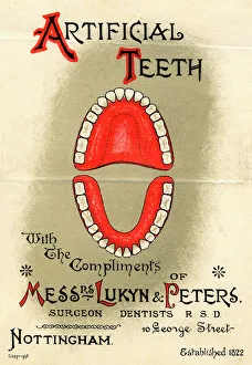 <b class=qtipBold><figcaption>False Teeth posters</figcaption></b><br>Artificial false teeth by Lukyn & Peters, 1896 Date: 1896<br><em>© Mary Evans / National Archives</em> False Teeth posters