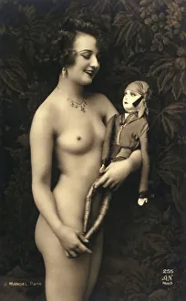 Fantasy French postcard - Nude woman and doll Fantasy French postcard - Nude woman and doll