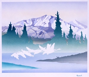 Fantasy Landscape - Geese flying over snowy scene Fantasy Landscape - Geese flying over snowy scene