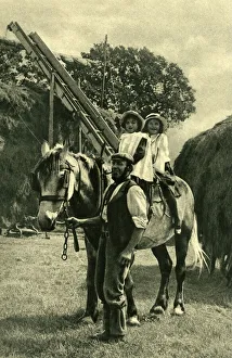 Farmer leading two children on a horse, England Farmer leading two children on a horse, England