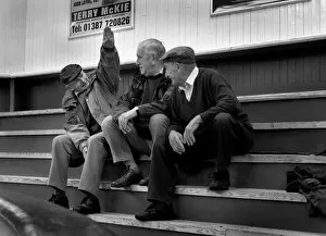 Three farmers chat while waiting for a sheep sale
