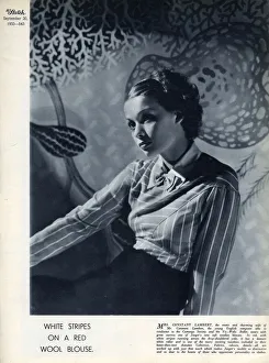 Fashion page, White Stripes on a Red Wool Blouse Fashion page, White Stripes on a Red Wool Blouse