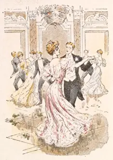 Prints of Fashionable dancers in a hotel ballroom. Date: 1908 Dance Prints: Fashionable Dancers in a Hotel Ballroom Print, 1908