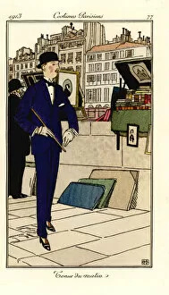 Cockade Gallery: Fashionable man walking past bouquinistes on the Seine, 1913