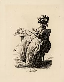 Images Dated 21st January 2019: Fashionable woman drinking coffee, era of Marie Antoinette