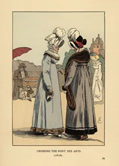 Fashionable women and organ grinder on the Pont Fashionable women and organ grinder on the Pont