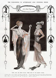 Two fashionable women wearing elegant afternoon and evening dresses with sashes Two fashionable women wearing elegant afternoon and evening dresses with sashes