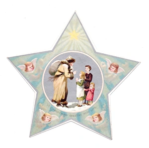 Father Christmas and children on star-shaped Christmas card Father Christmas and children on star-shaped Christmas card