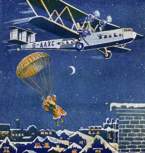 Rooftops Gallery: Father Christmas parachuting out of a plane